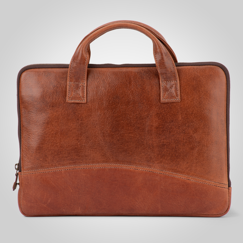 Brown leather briefcase on a light gray background