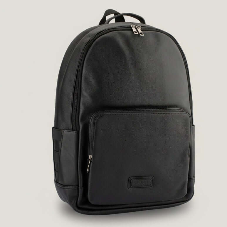 Black backpack on a light gray background