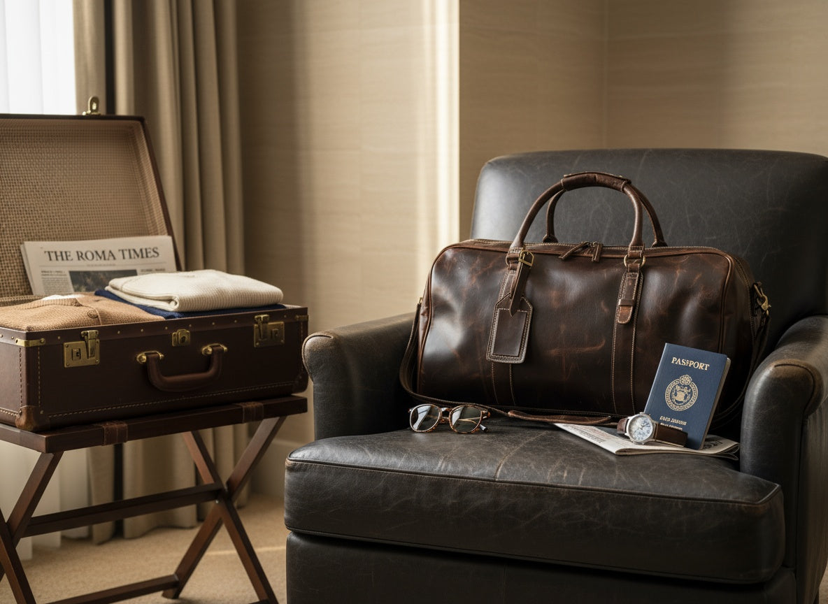 Brown leather duffel bag on a black leather armchair with a suitcase and travel items in the background.