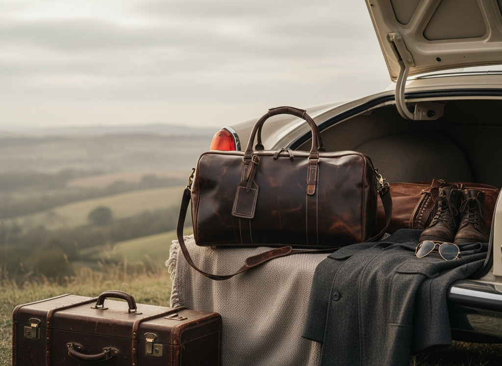 Brown leather duffel bag and suitcase on an open car trunk with a scenic view in the background.