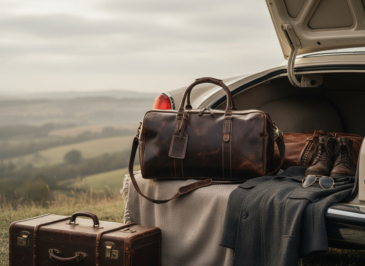 Brown leather duffel bag and suitcase on an open car trunk with a scenic view in the background.