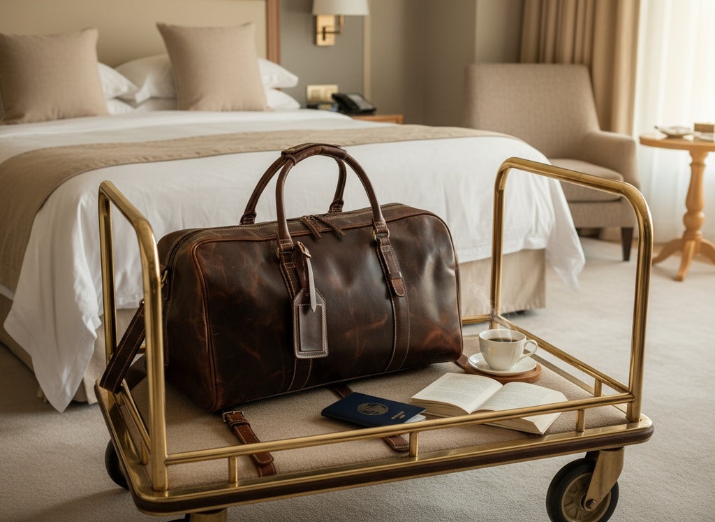 Brown leather duffel bag on a gold tray in a bedroom setting.