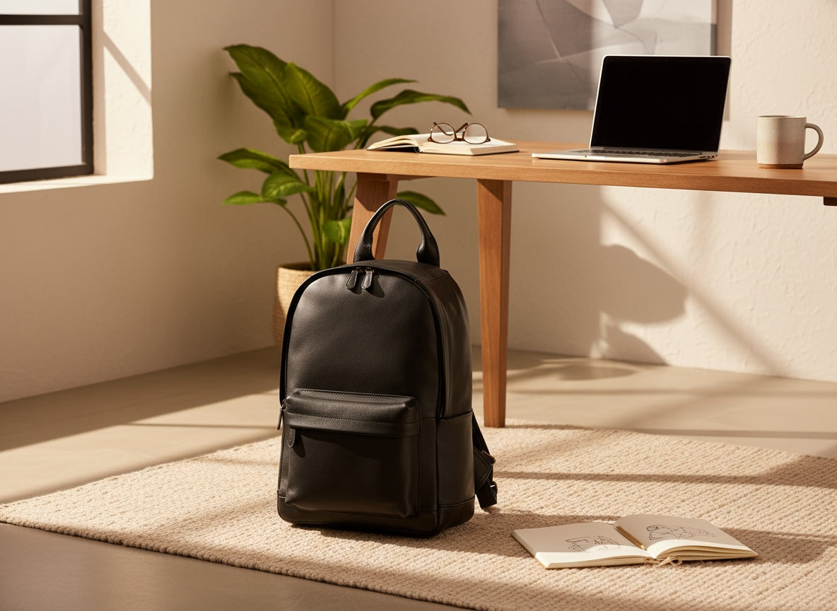 Black backpack on a rug with a desk and laptop in the background
