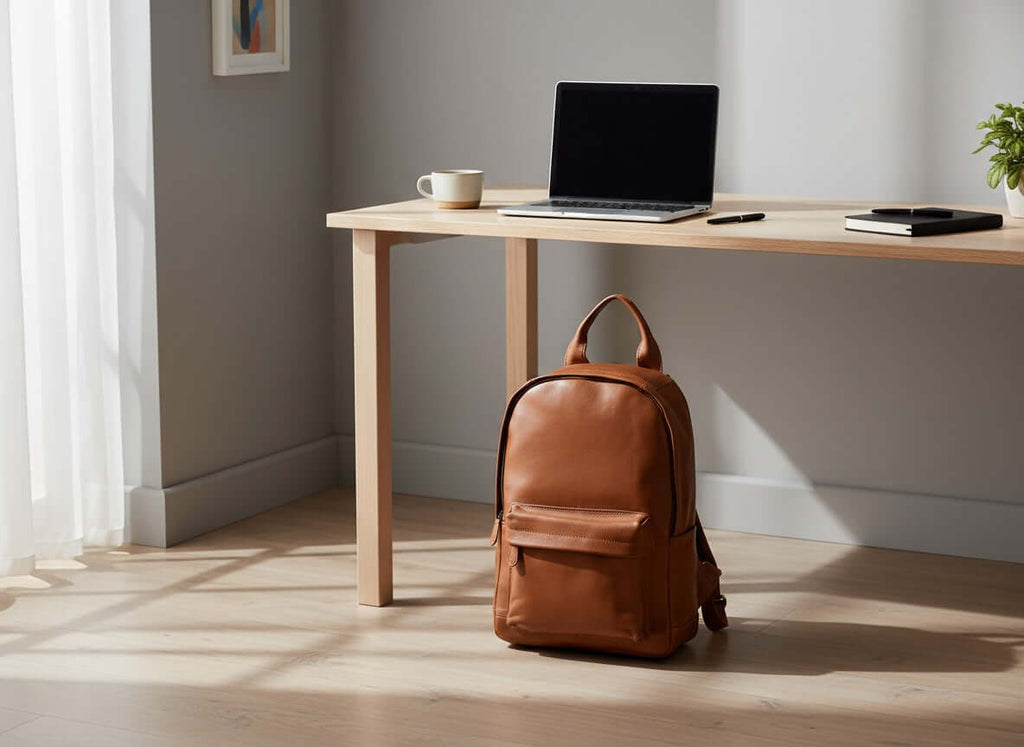 Brown leather backpack on a wooden floor with a desk and laptop in the background.