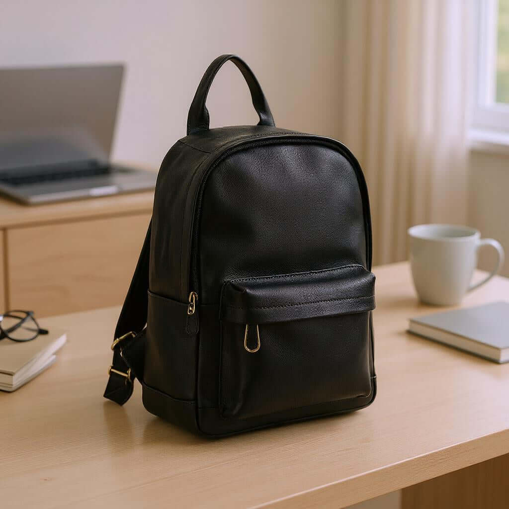 Black backpack on a desk with a laptop, mug, and glasses in the background