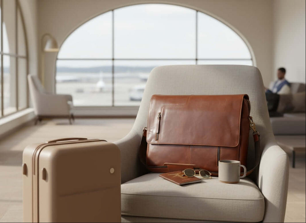 Brown leather bag on a chair with a view of an airport terminal.