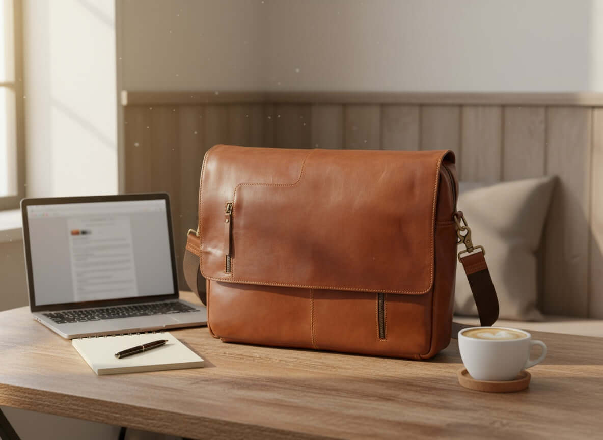 Brown leather messenger bag on a wooden desk with a laptop and coffee cup.